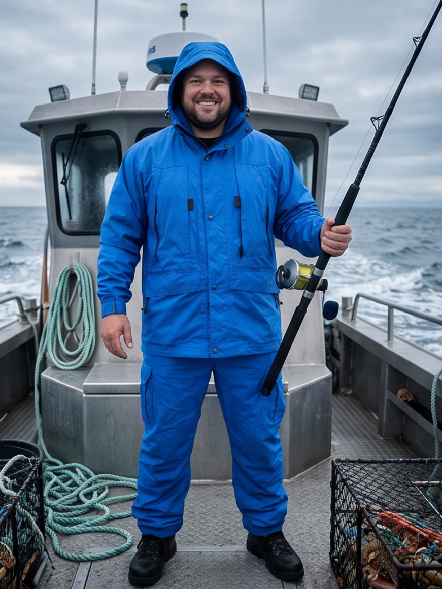 Blue Raincoat With Waterproof Fabric And Hood Set Plus Waterproof Pants